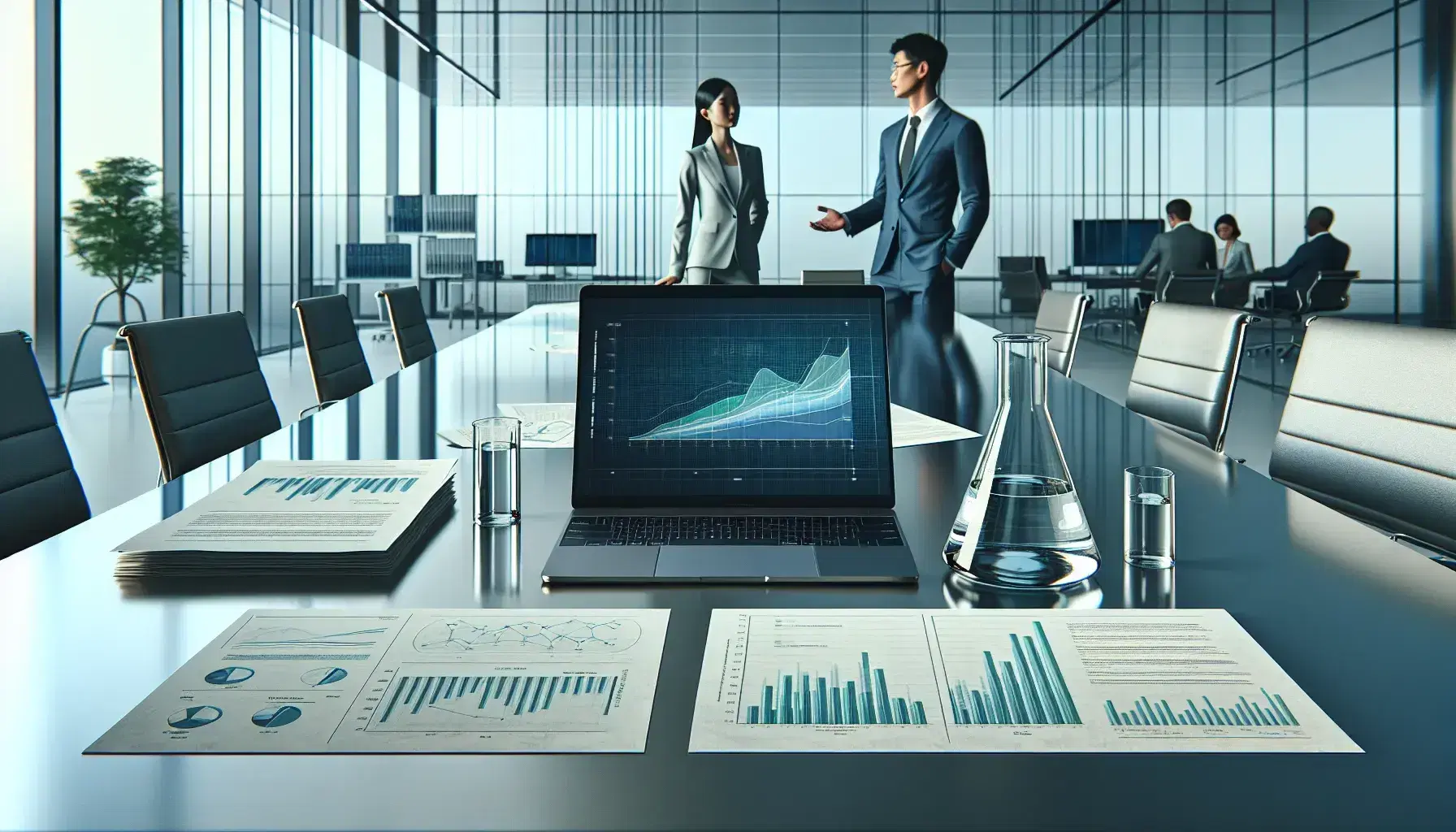 Modern corporate office setting with a central glass table holding a laptop, unlabelled graphs on paper, and beakers with blue and green liquids, with two professionals discussing.