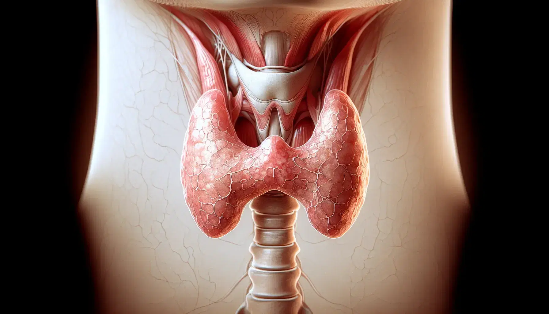Glándula tiroides humana detallada en tono rojo pálido, ubicada en el cuello, con forma de mariposa y sin elementos distractores.