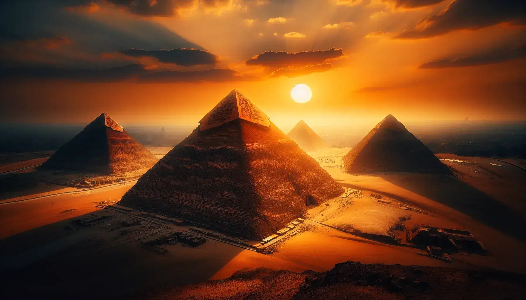 Panorama del complesso piramidale di Giza al tramonto con la Grande Piramide, Chefren e Micerino illuminate da un cielo sfumato.