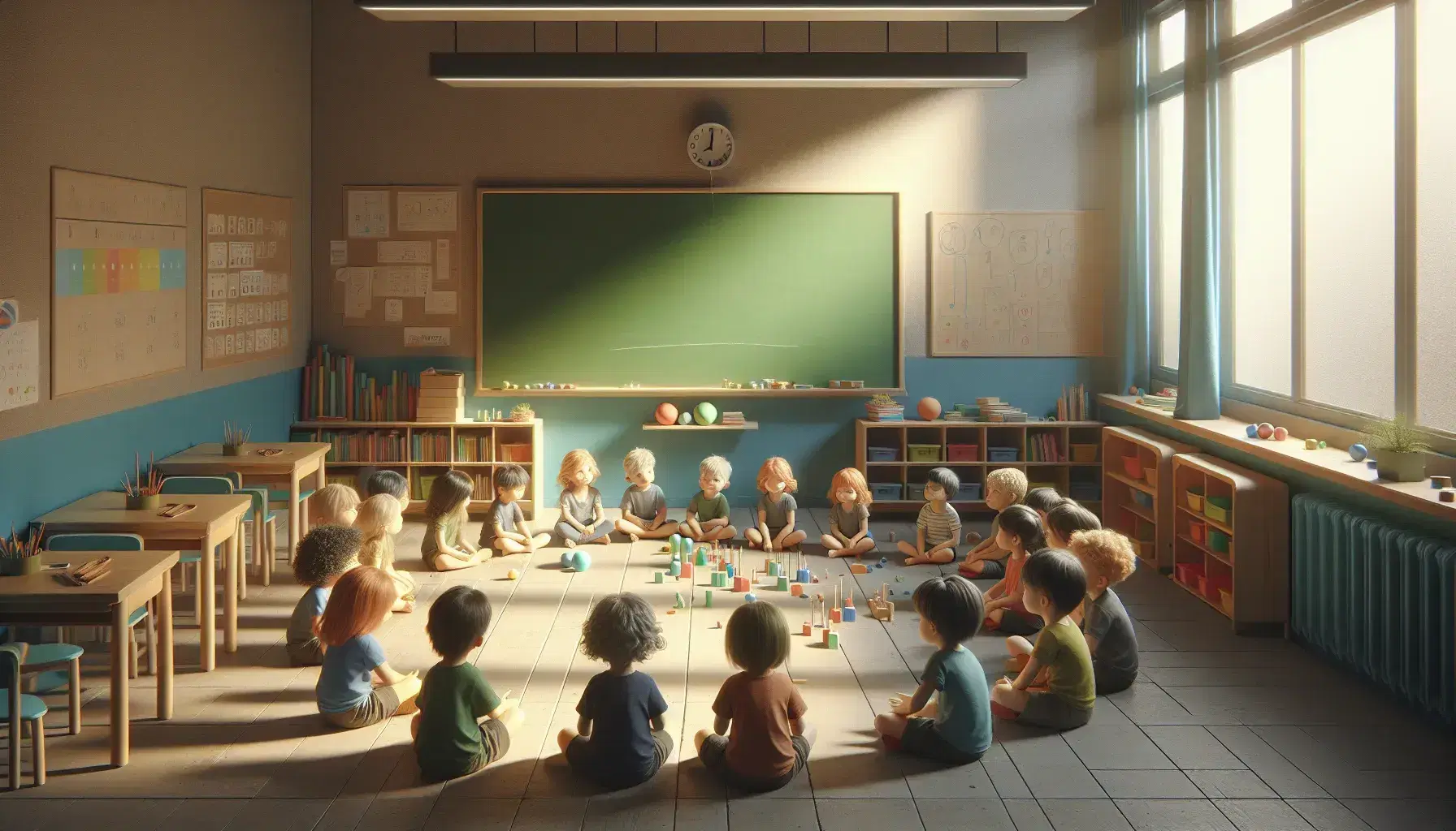 Niños sentados en semicírculo en un aula iluminada por luz natural, enfocados en una actividad de exploración, con pizarra verde y estantes con libros al fondo.