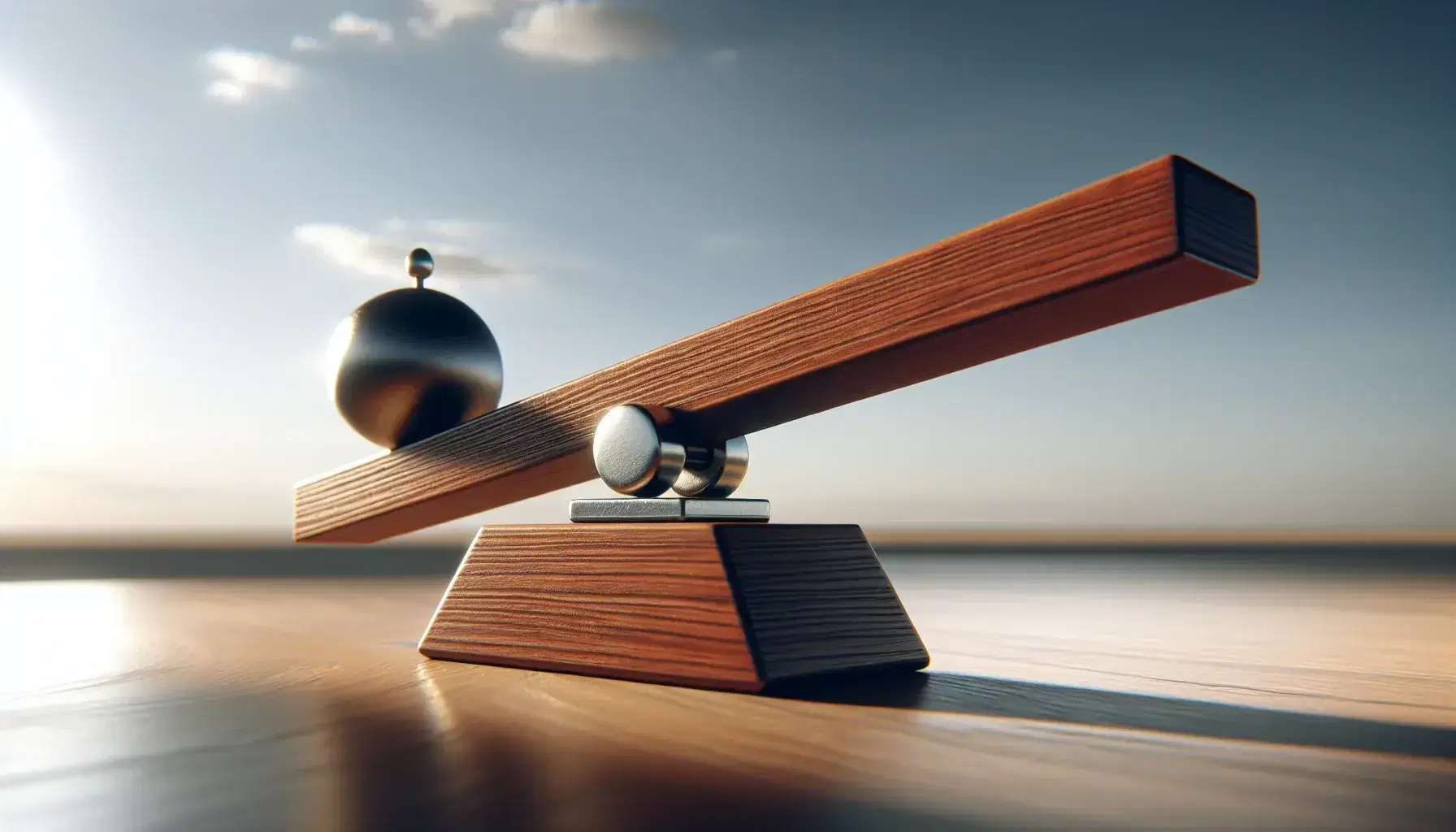 Classic lever system with a wooden beam balanced on a central triangular fulcrum, one end dipped by a round metallic weight under a clear blue sky.