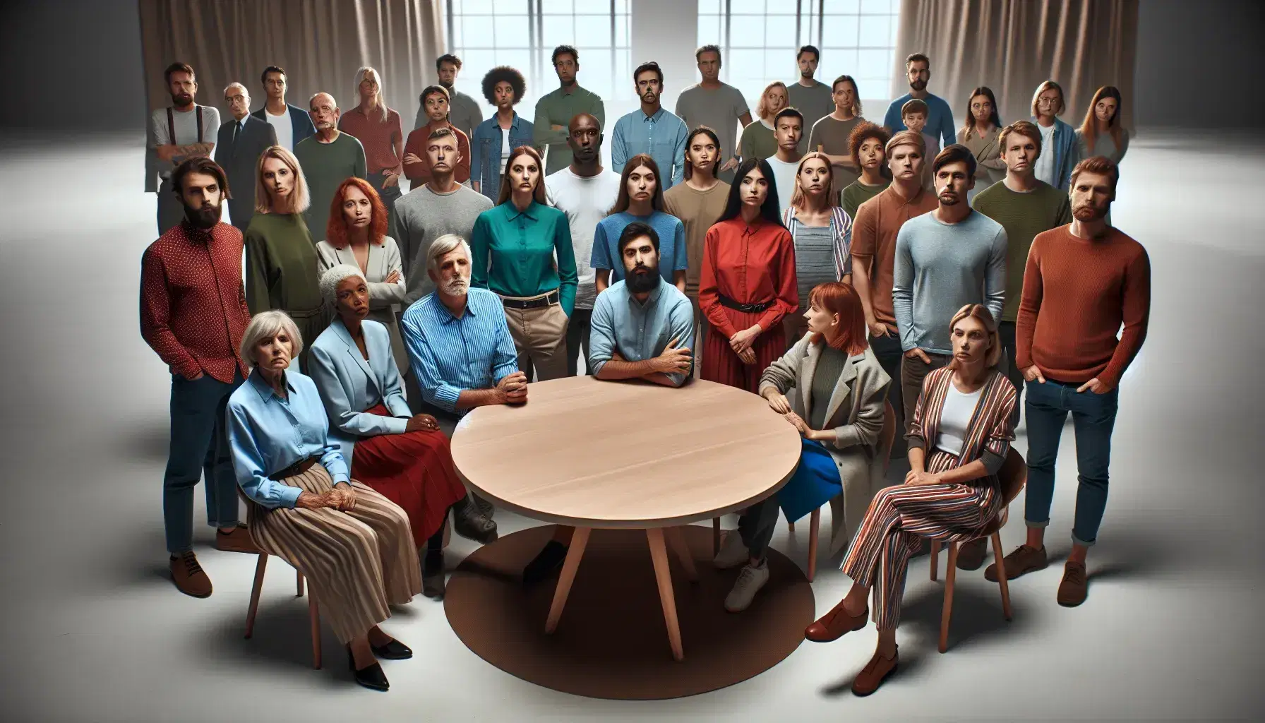 Grupo diverso de personas en reunión alrededor de una mesa redonda de madera en una sala iluminada naturalmente, mostrando seriedad y enfoque.
