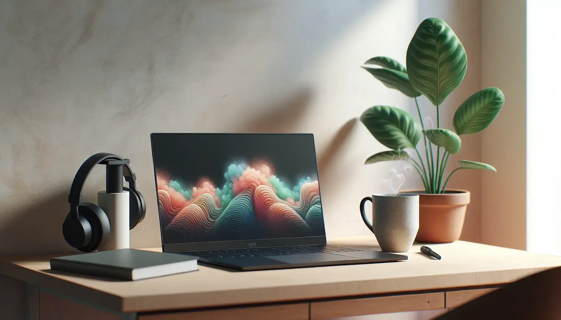 Tidy desk with modern laptop turned on, cup of steaming coffee, green plant in terracotta pot and black headphones, in a bright room.