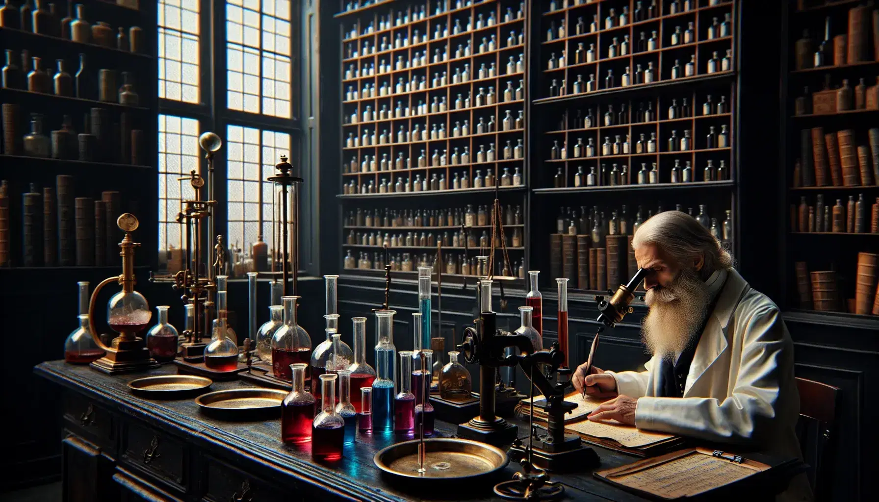Laboratorio storico con ricercatori, strumenti scientifici d'epoca, vasi colorati su scaffali e illuminazione naturale.