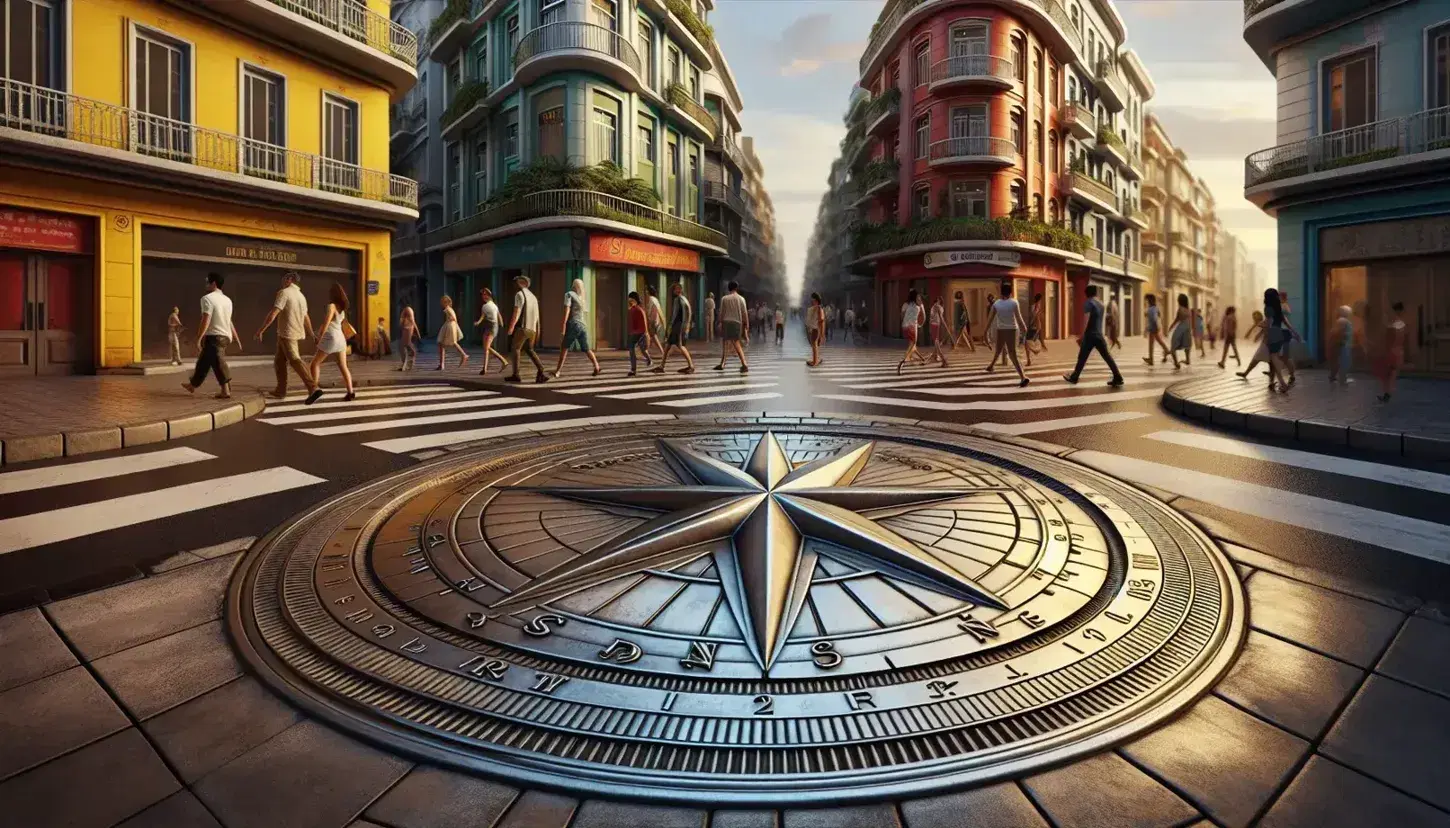 Vibrant city street corner with pedestrians, colorful buildings, a metallic compass rose in the pavement, generic cars at a traffic light, and green trees under a clear blue sky.