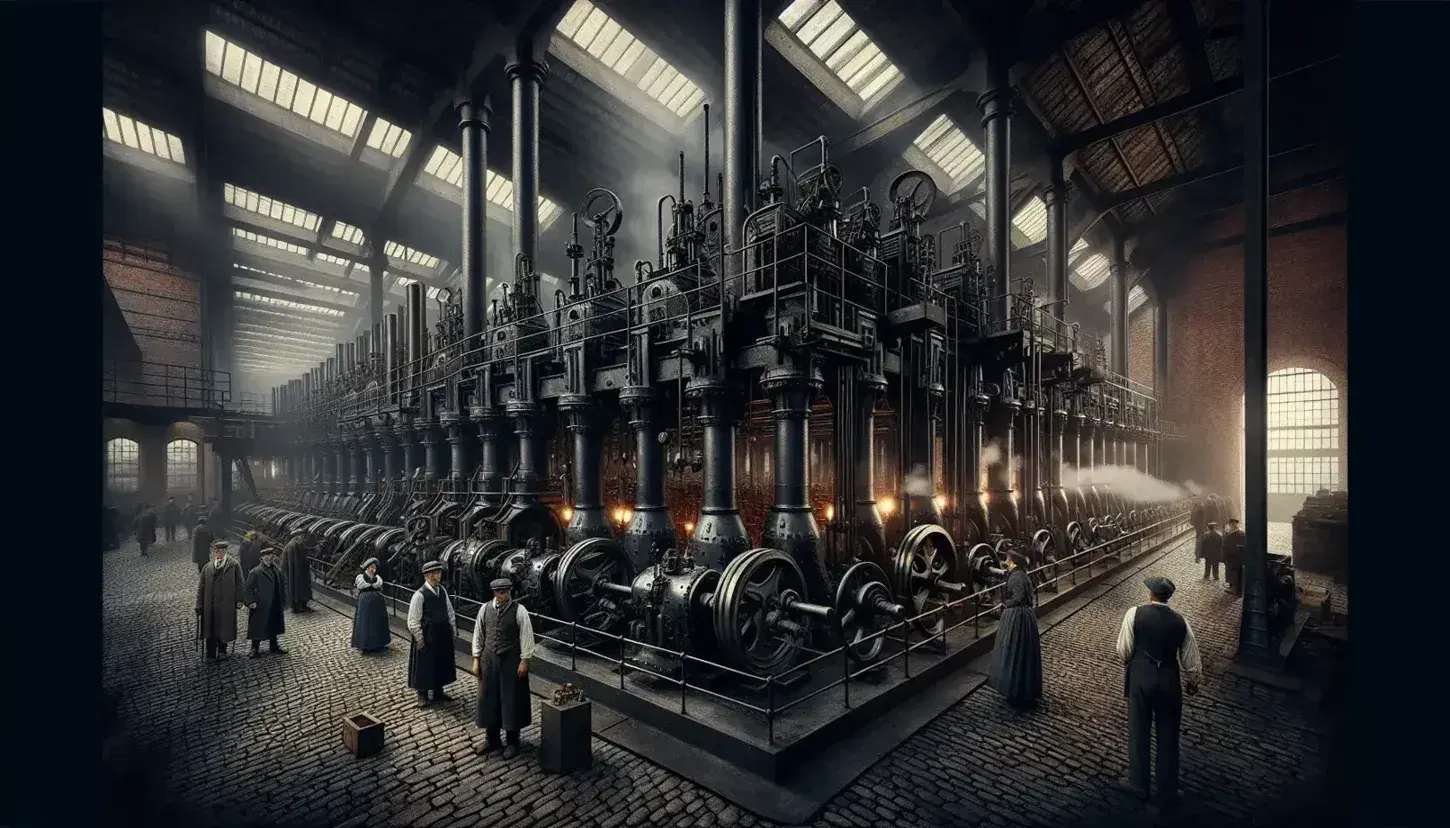 Fábrica de la era de la Revolución Industrial con máquinas de vapor, trabajadores en ropa de época y techo abovedado de ladrillo rojo.