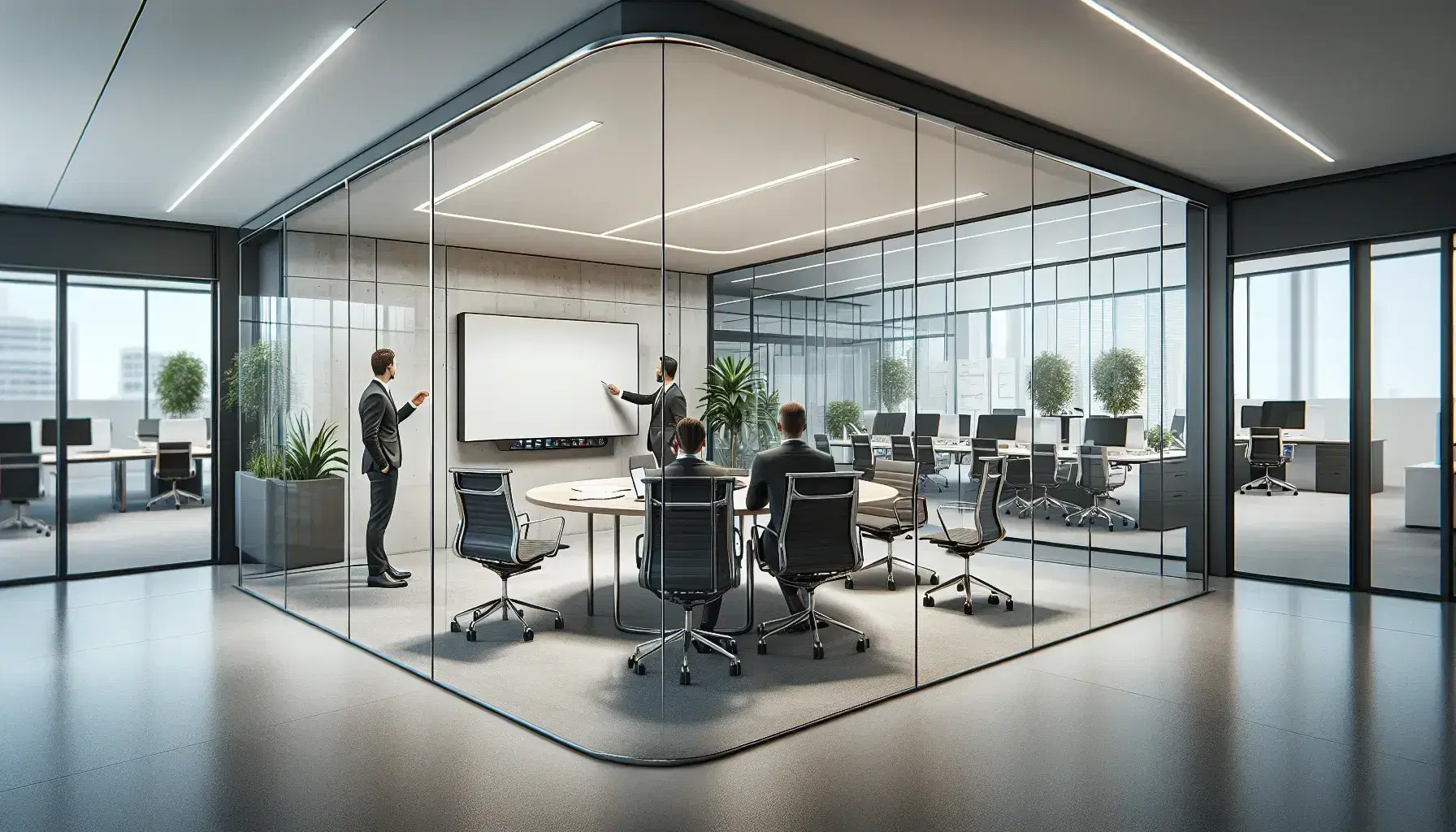 Modern corporate office with a glass-walled meeting room, round table, three professionals in discussion, workstations outside, and a potted plant.