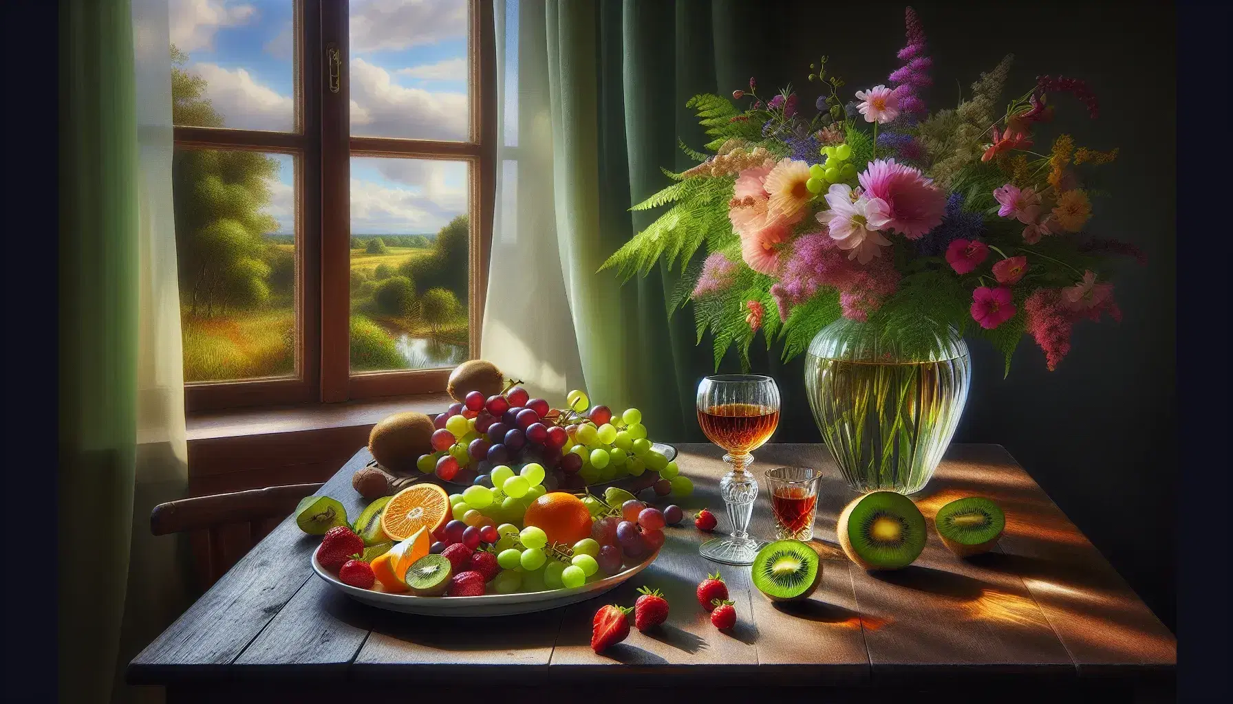 Tavola rustica con frutta colorata, bicchiere di vino, mazzo di fiori e panorama collinare visibile da una finestra aperta.