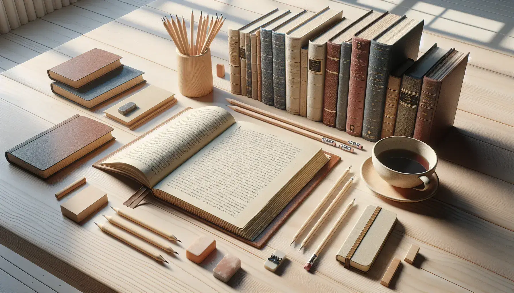 Mesa de madera clara con libro abierto, lápiz sobre cuaderno espiral, tazón con café y pila de libros de colores junto a ventana iluminada.