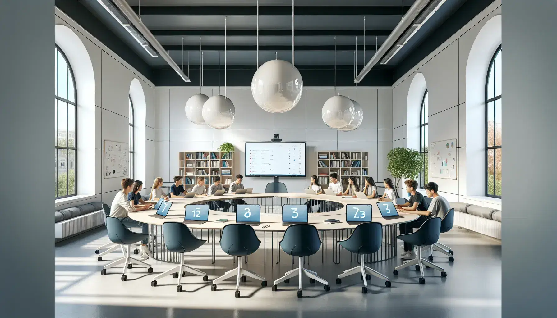 Aula moderna e luminosa con tavolo ovale, sedie ergonomiche blu, dispositivi elettronici, lavagne interattive e studenti in discussione.