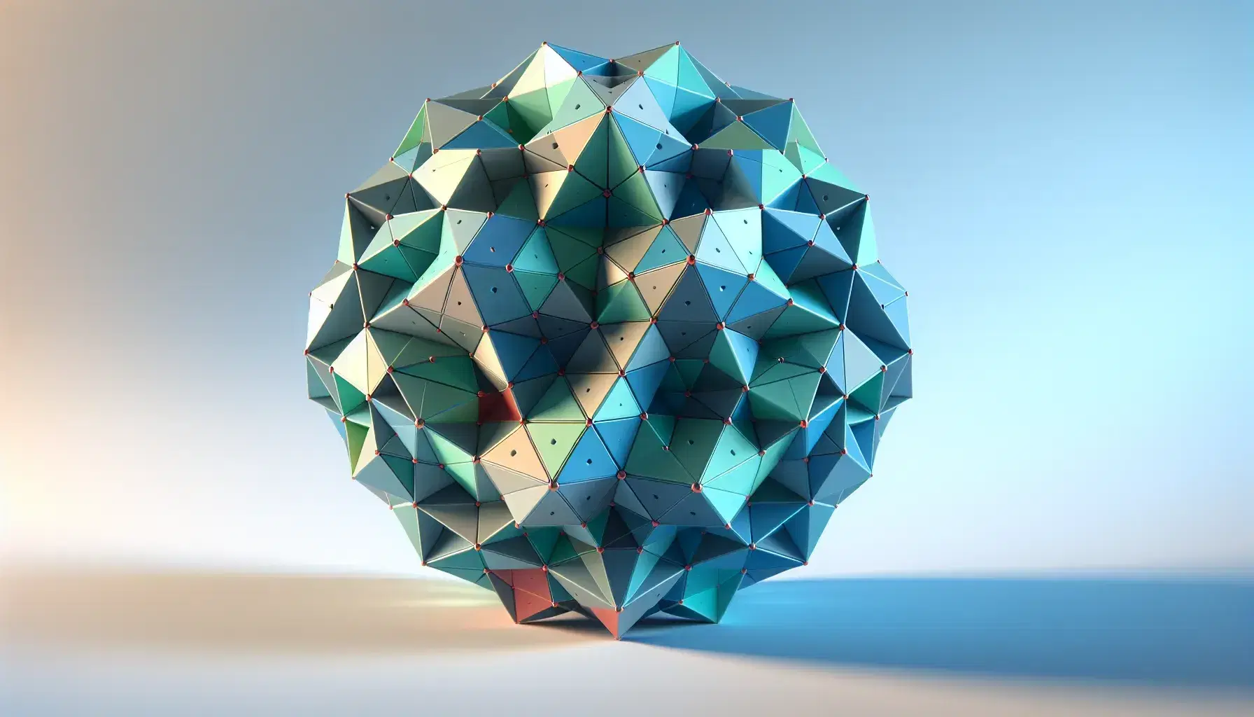 Colorful 3D polyhedron model with varied polygonal faces, casting a soft shadow on a light gray surface against a gradient blue-white background.