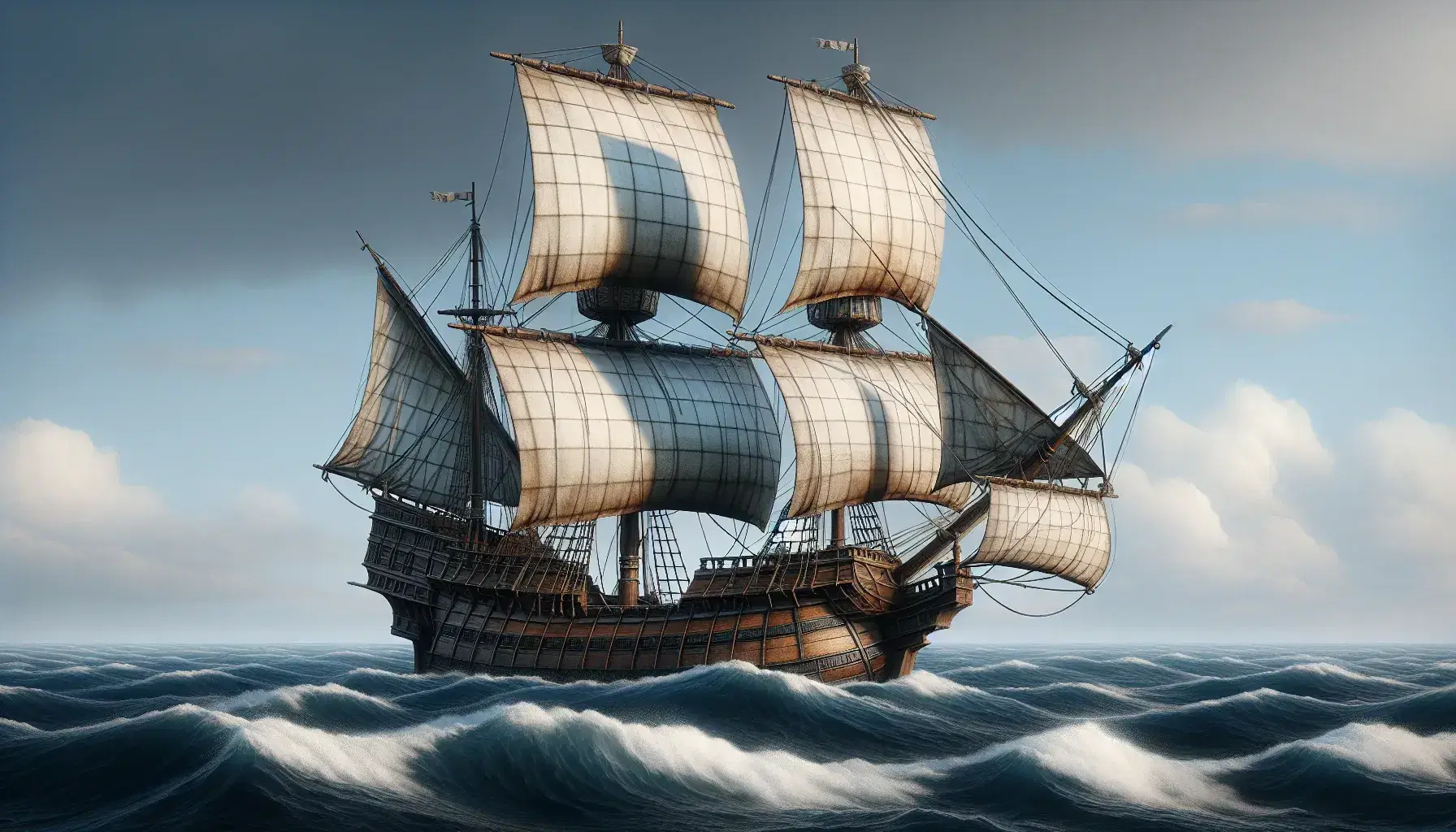 Caravella del XV secolo in navigazione su oceano con vele quadre gonfie e scafo in legno scuro tra onde blu e cielo sereno.