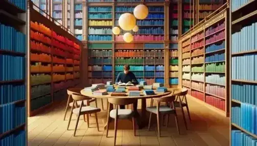 Biblioteca accogliente con tavolo in legno chiaro, libri colorati, sedie in legno scuro e persona che legge, illuminazione calda e pianta verde.
