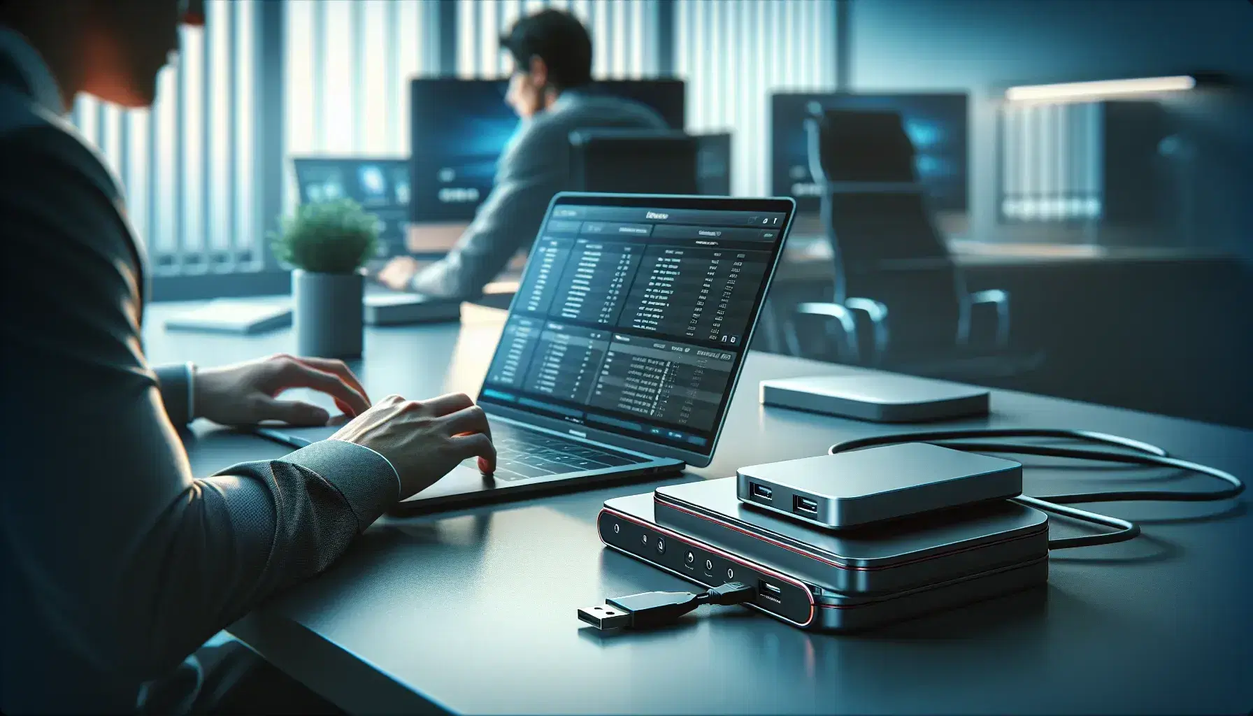 Modern office environment with external hard drives for data backup connected to laptop, window with natural light and green plants.