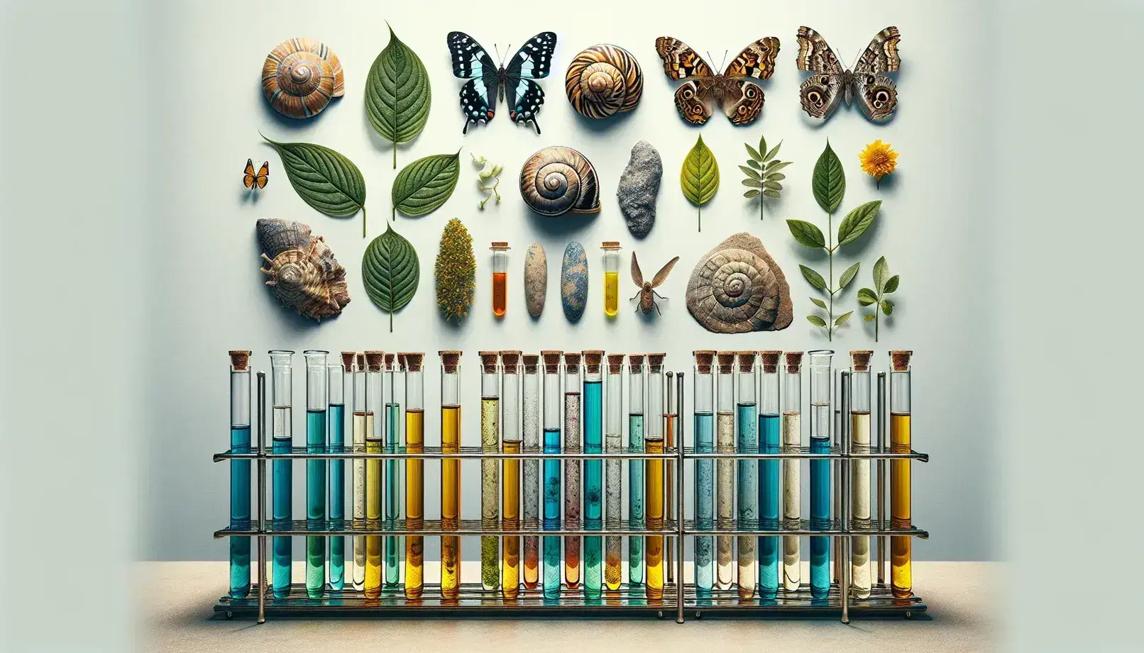 Hojas ovaladas con bordes dentados, mariposa de alas azules y negras, caracol con concha espiral y piedra rugosa sobre superficie clara, con tubos de ensayo y planta al fondo.