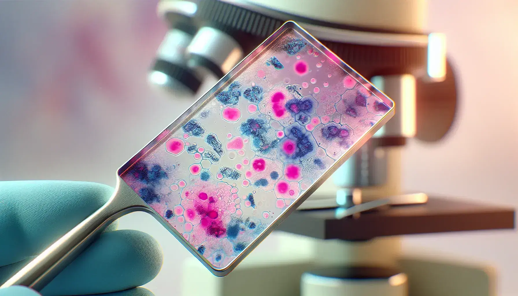 Microscope slide held by tongs showing pink and blue splotches from an acid-fast staining procedure, indicating presence of bacteria.