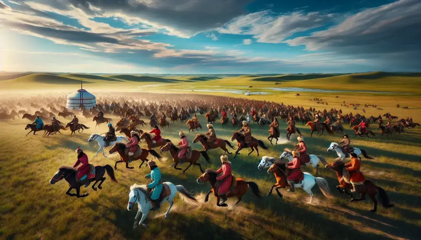 Mongolian horsemen in traditional attire gallop across a steppe with rolling grasslands, a solitary ger in the distance under a clear blue sky.