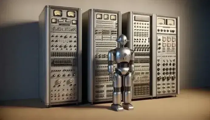 Large vintage computer with control panels and silvery humanoid robot interacting with it in a simple room.