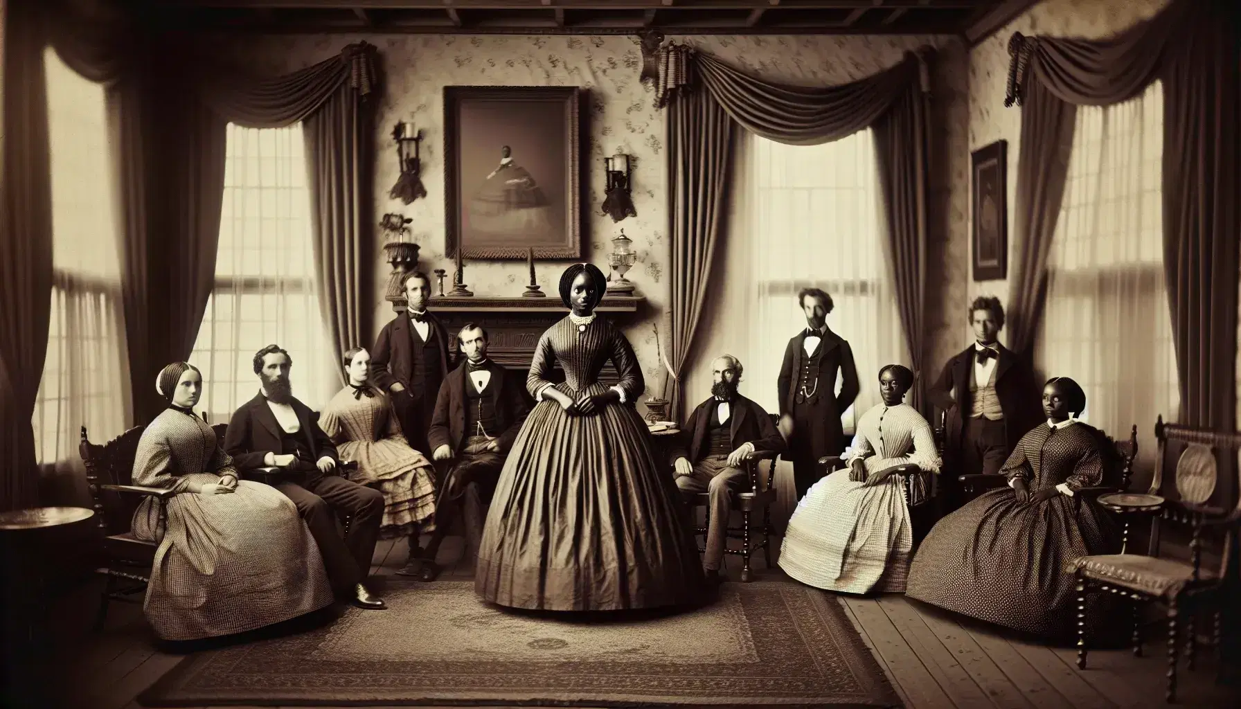 Sepia-toned vintage photo of a diverse 1850s parlor gathering, with an African American woman in period attire centering a group in earnest conversation.