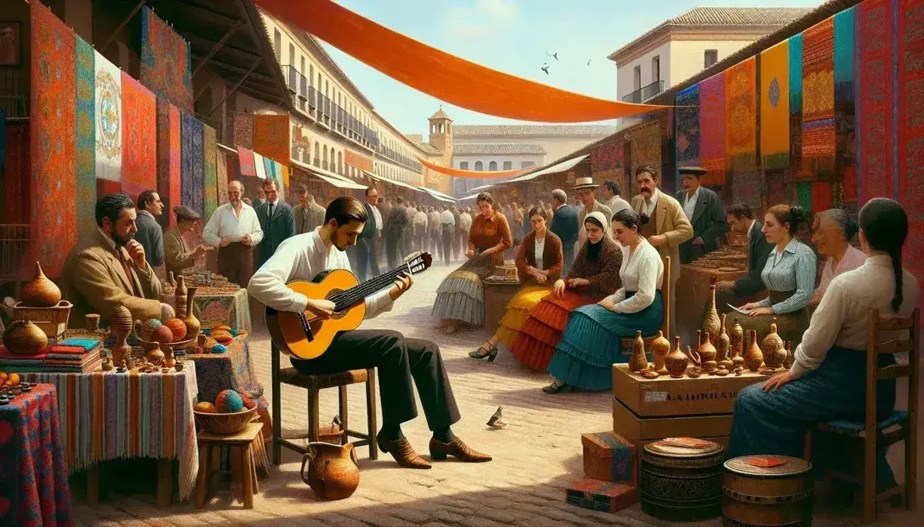 Vibrant Spanish market scene with a flamenco guitarist entertaining an attentive crowd, surrounded by colorful stalls of textiles and handmade pottery.
