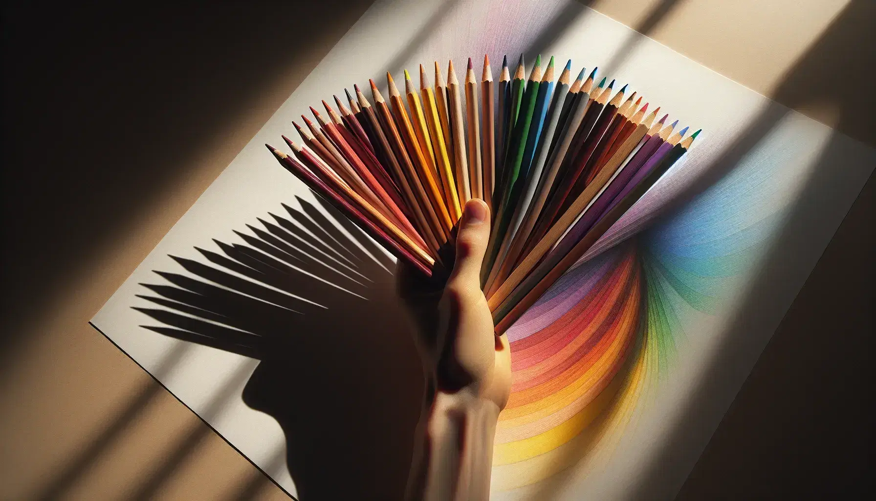 Mano sosteniendo lápices de colores en abanico sobre papel con trazos suaves, destacando la gama cromática y la creatividad en el arte.
