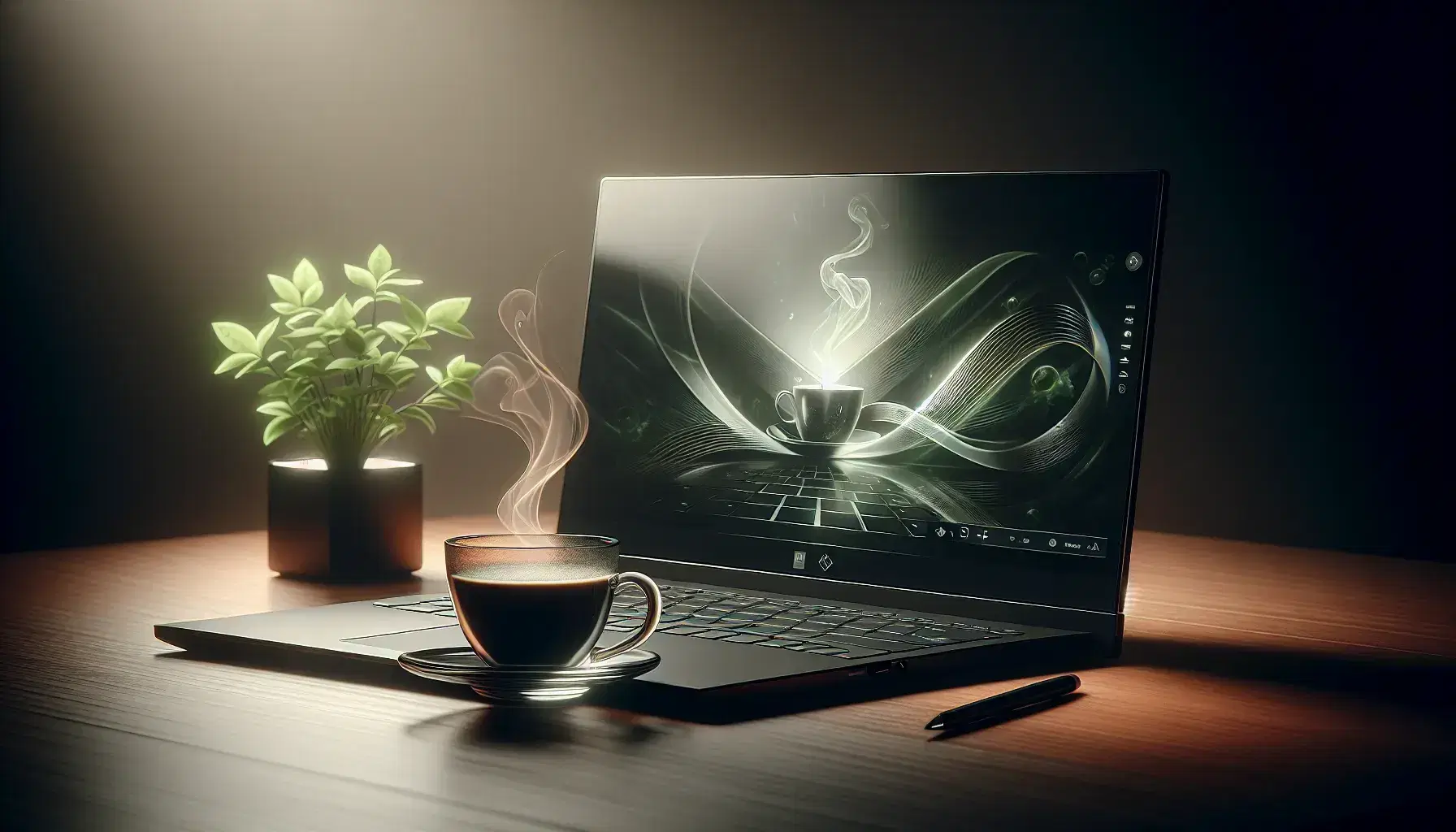 Modern laptop with glossy black exterior and green highlighted keys, cup of steaming coffee and green plant on wooden desk.