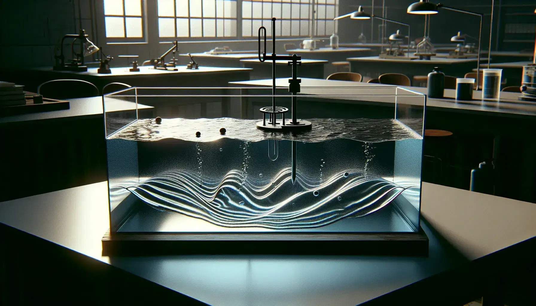 Ripple tank experiment in a lab with a wave generator creating circular waves and floating objects bobbing on the water's surface, casting wave shadows.