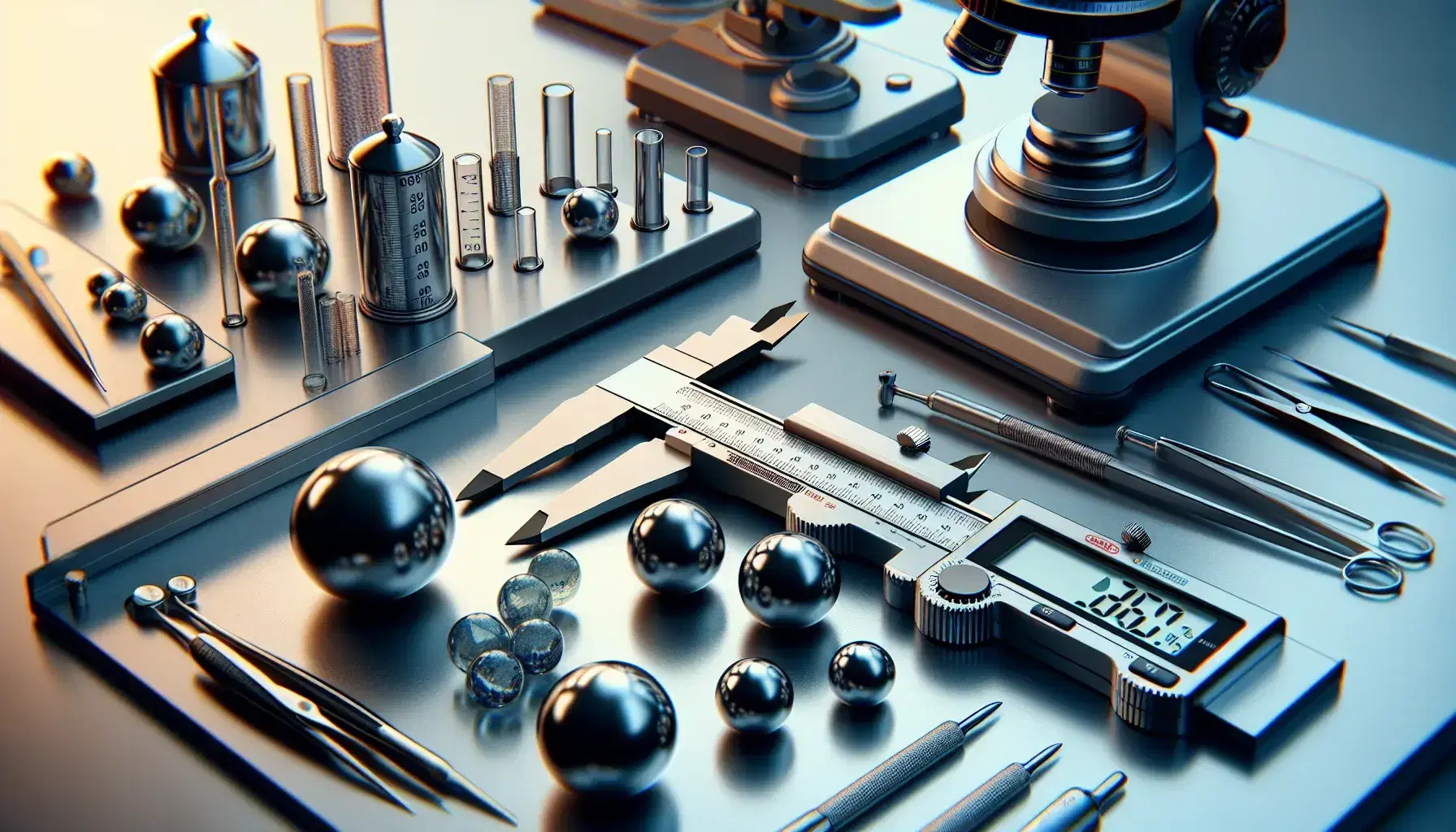 Strumentazione scientifica in laboratorio con calibro vernier in acciaio, bilancia analitica digitale con pesi calibrati e termometro a vetro su tavolo chiaro.
