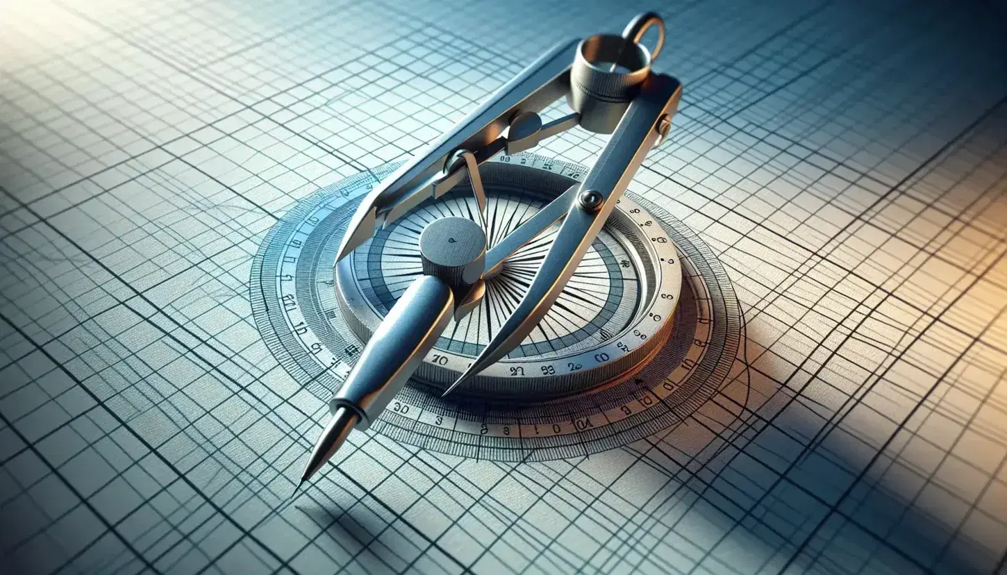 Close-up of a metallic compass on graph paper with concentric circles and radial lines drawn, forming a polar coordinate system, with a sharp focus and soft background.