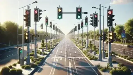 Semafori in sequenza su strada deserta con il primo rosso e gli altri giallo e verde, cielo azzurro e vegetazione ai lati.