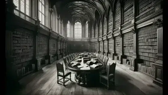 Biblioteca universitaria antica con scaffali in legno scuro pieni di libri rilegati, tavolo ovale centrale e sedie imbottite, luce naturale da finestra ad arco.