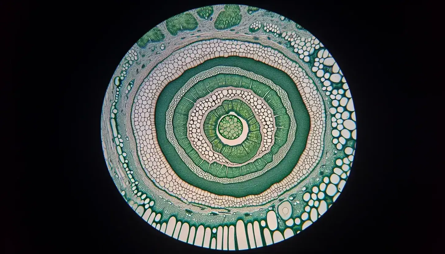 Corte transversal microscópico de tallo de planta mostrando tejido vascular, cambium, tejidos de soporte y epidermis, sin estomas visibles.