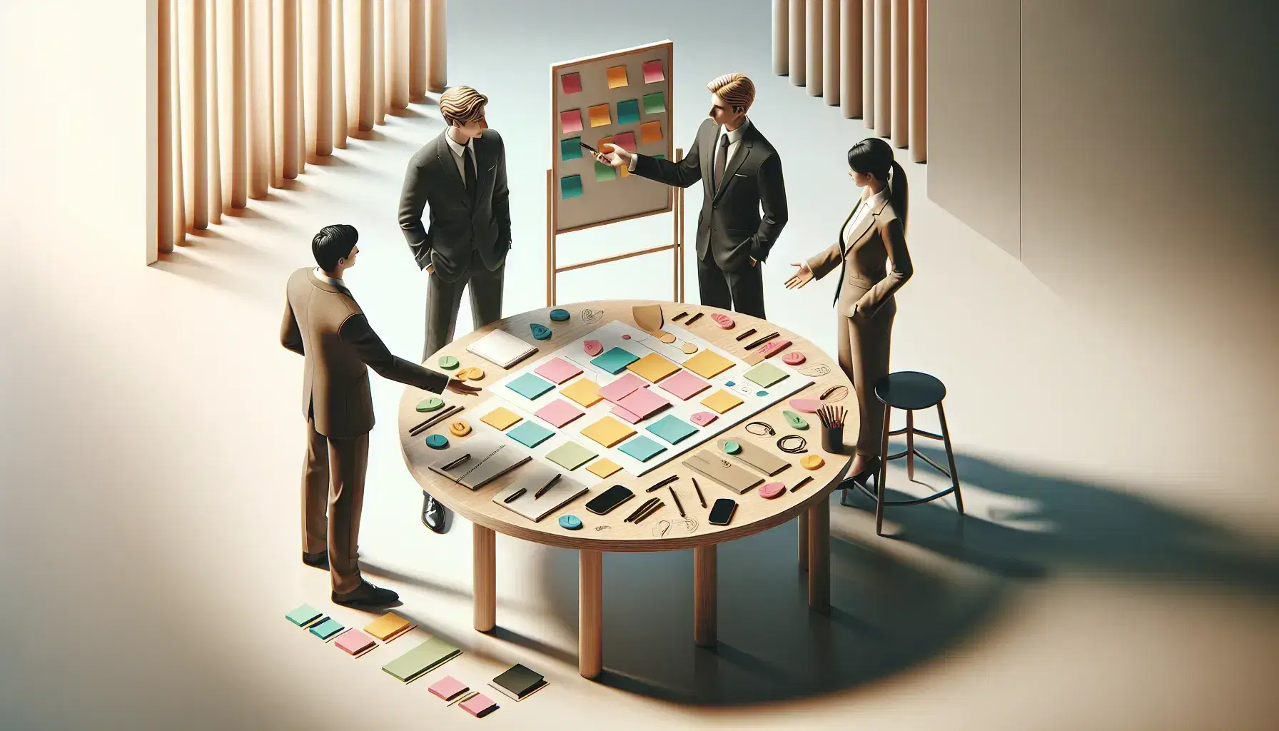 Grupo de cuatro profesionales en reunión de trabajo alrededor de una mesa redonda con notas adhesivas y útiles de oficina, en un ambiente iluminado y formal.