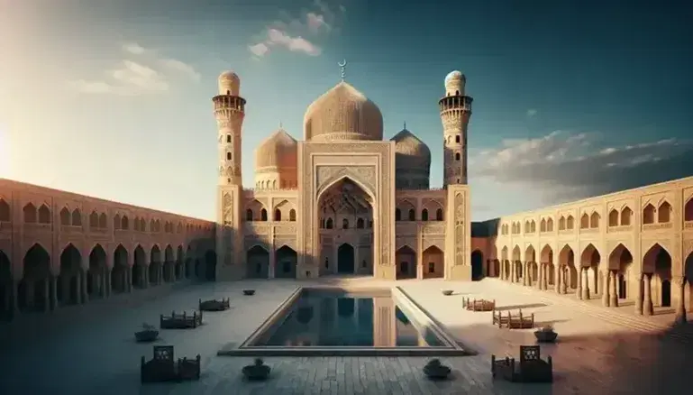 Ancient sandstone mosque with central dome, crescent finial, twin minarets, and reflective courtyard pool, surrounded by date palms under a clear blue sky.