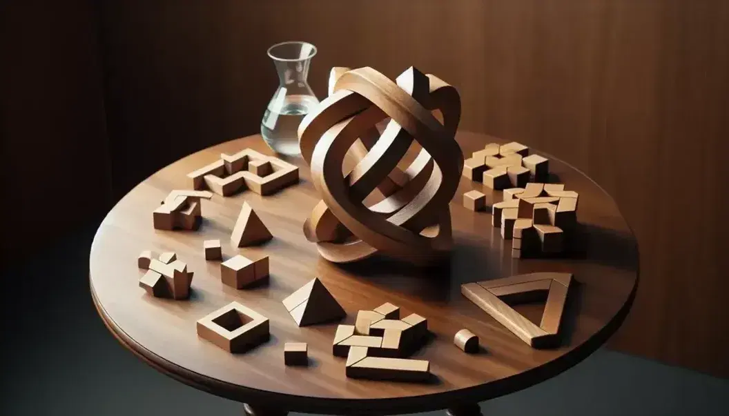 Round wooden table with scattered puzzle pieces and a white Möbius strip, glass beaker and green plant in terracotta pot.