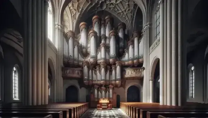 Organo a canne maestoso all'interno di una chiesa, con tubi metallici simmetrici e console in legno, illuminato da luce naturale.