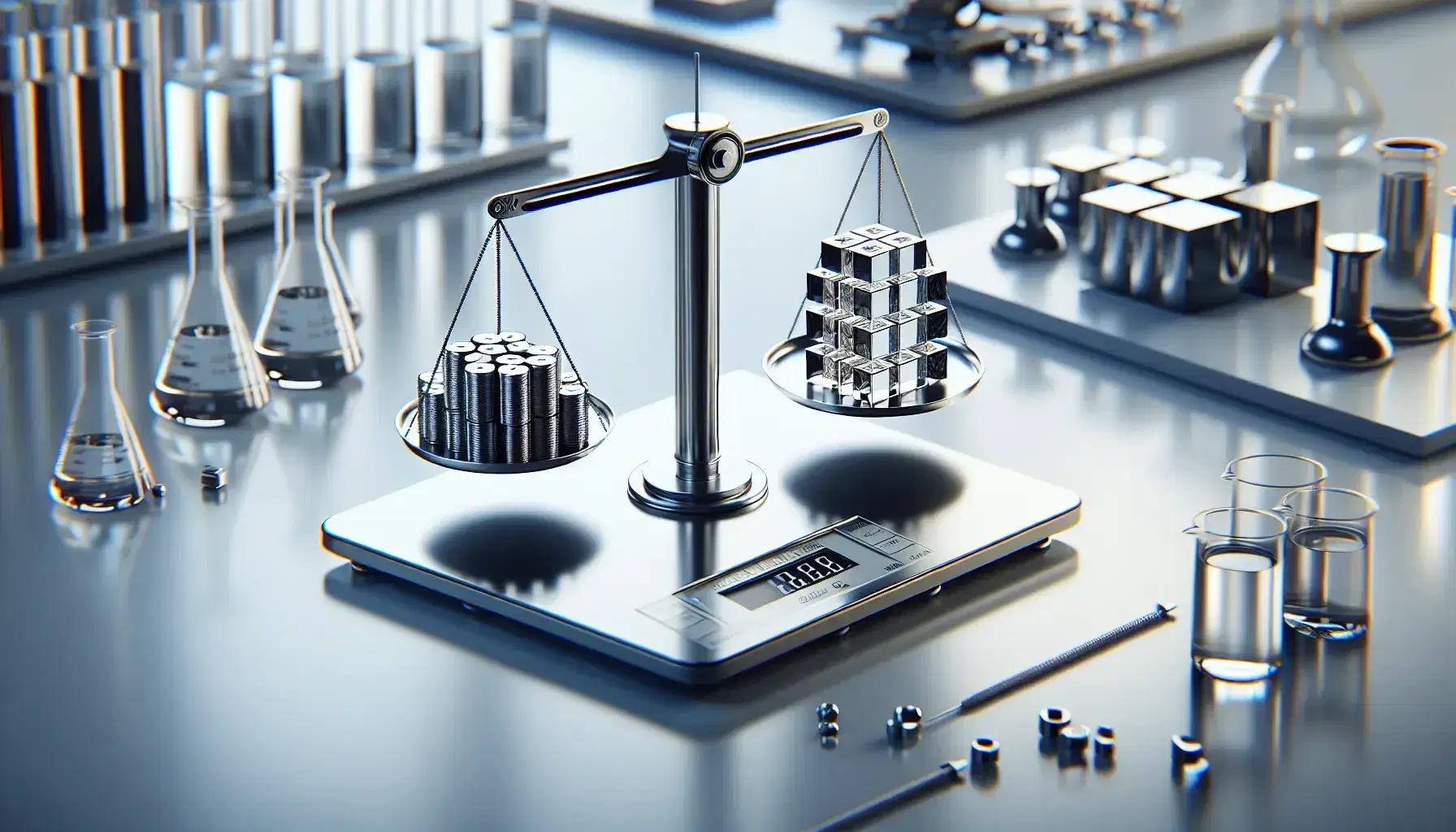 Bilancia analitica di precisione in laboratorio chimico con cilindri metallici impilati e blocco trasparente in equilibrio sulle piastre.