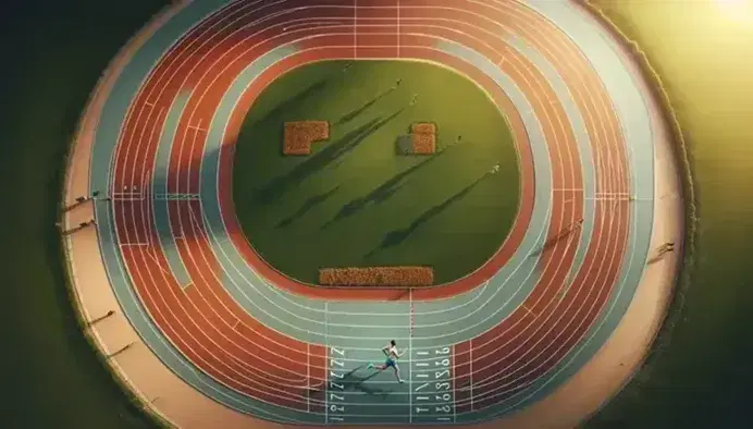 Atleta in corsa su pista di atletica rossa con maglietta bianca e pantaloncini blu, ombra marcata sul terreno, cielo azzurro con nuvole sparse.