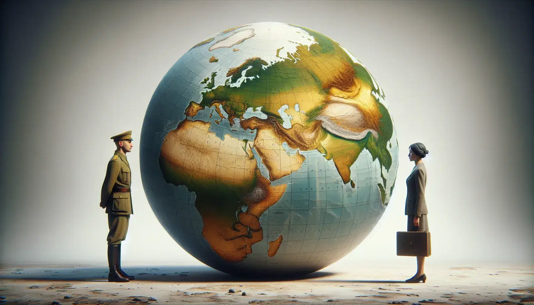 Globo terráqueo físico-político con Europa, Asia y África visible entre dos figuras, un hombre militar y una mujer con maletín, sobre fondo neutro.