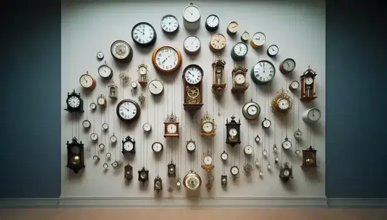 Orologi a pendolo di varie dimensioni e stili appesi su parete chiara, con pendoli in movimento e quadranti diversificati.