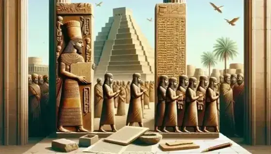 Carved stele with high Mesopotamian officer and attendants, ziggurat in background, clay tablets with stylus in foreground, blue sky.
