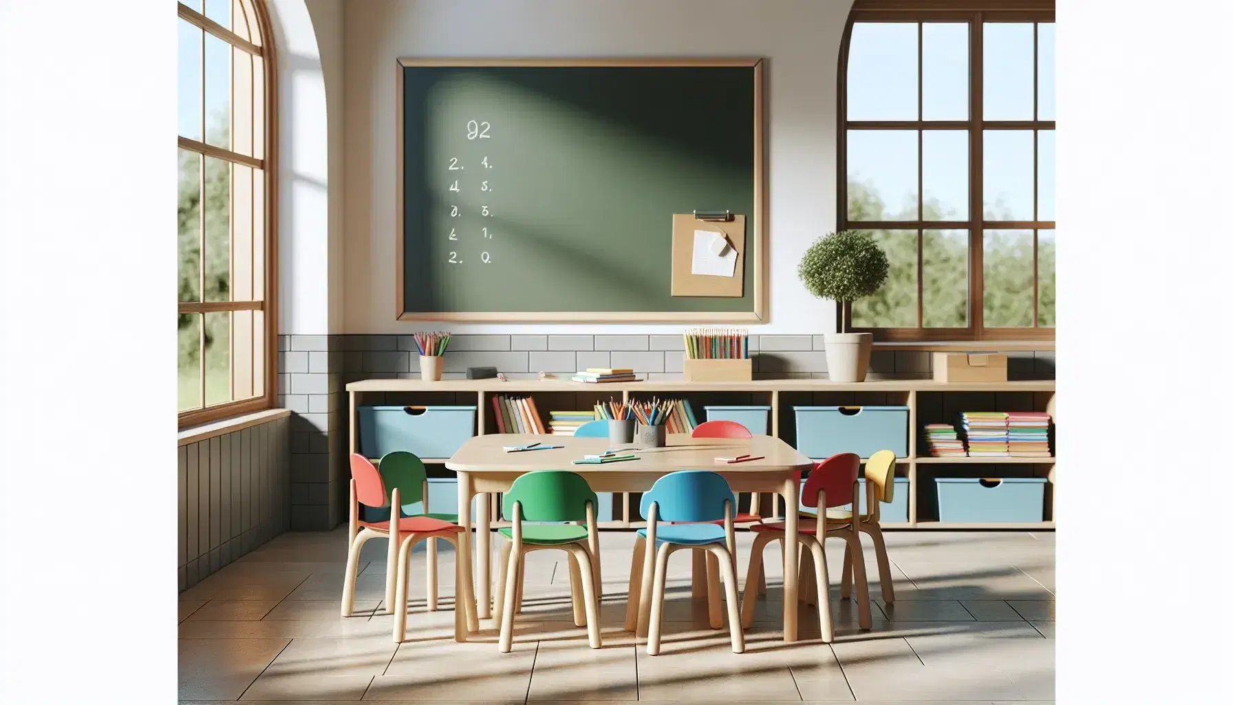 Aula de primaria con mesa de madera, sillas de colores, pizarrón verde, tizas y borrador, estantería con libros y planta, iluminada por luz natural.