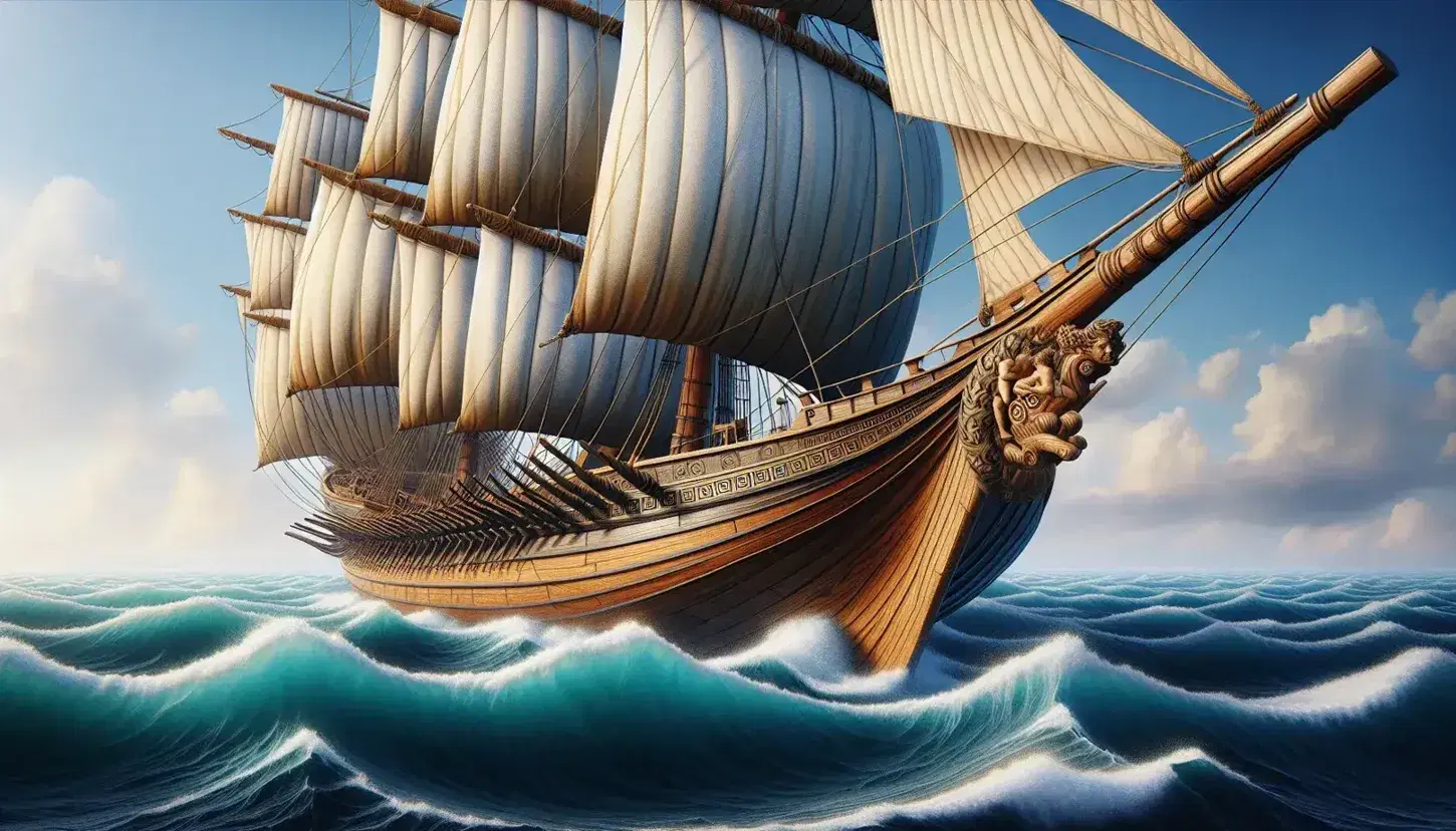Ancient Greek galley at sea with billowing white sails, a carved figurehead, and crew in tunics managing the vessel on a clear day.