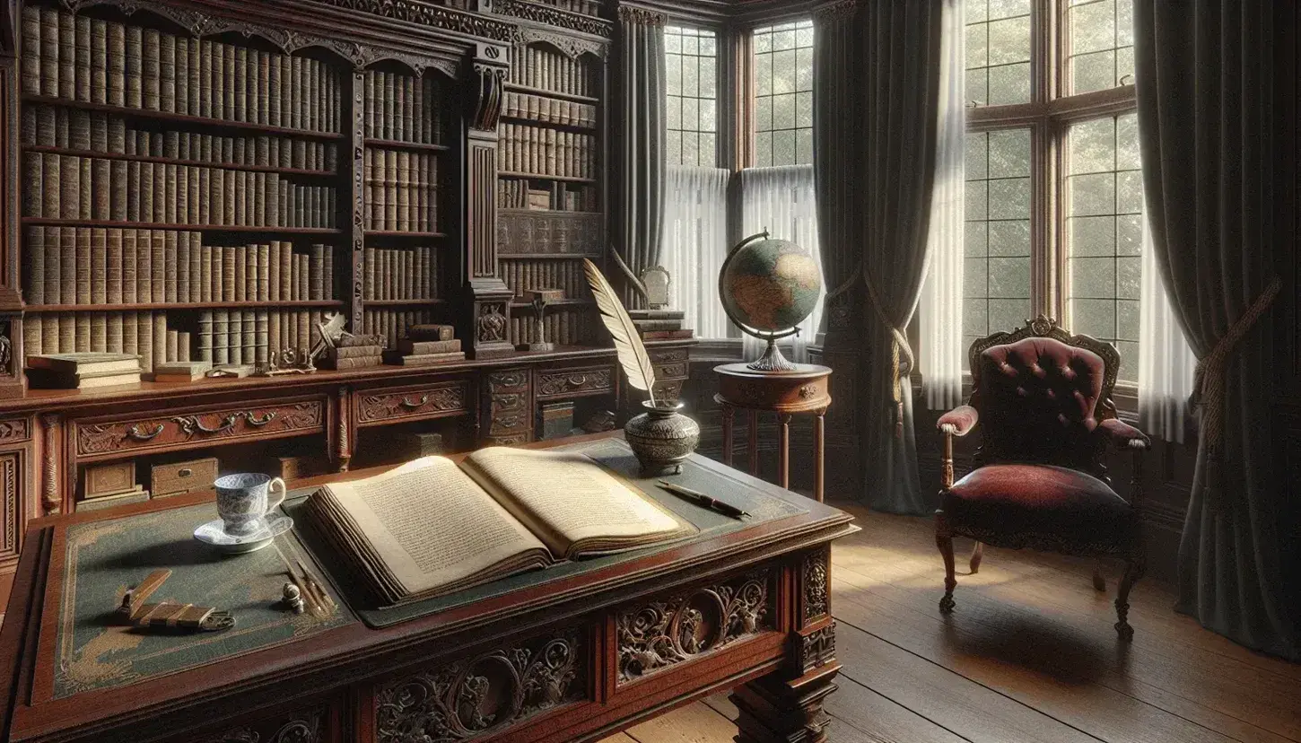 Victorian study room with a mahogany desk, open leather book, quill pen in silver inkwell, bay window, bookshelves, red armchair, and vintage globe.