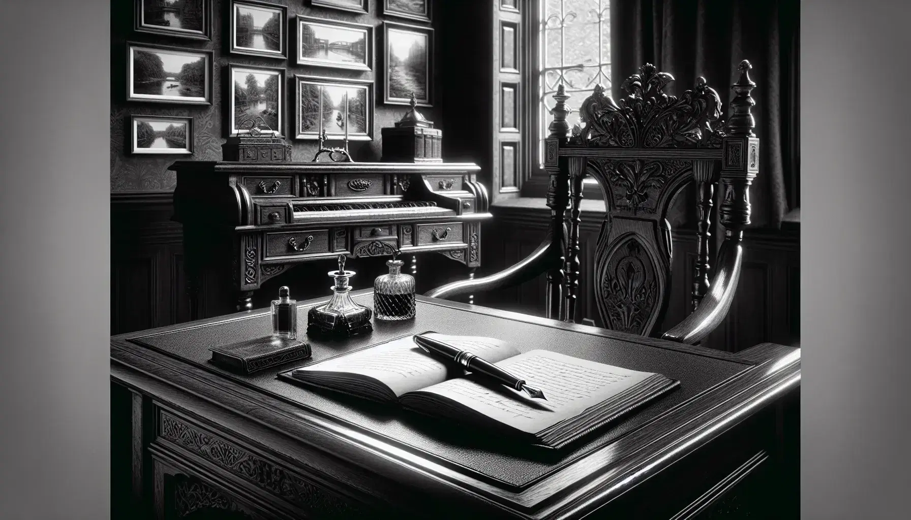 Vintage Edwardian-style writing desk with ornate carvings, leather-bound book, fountain pen, and inkwell, framed by monochrome photographs on the wall.