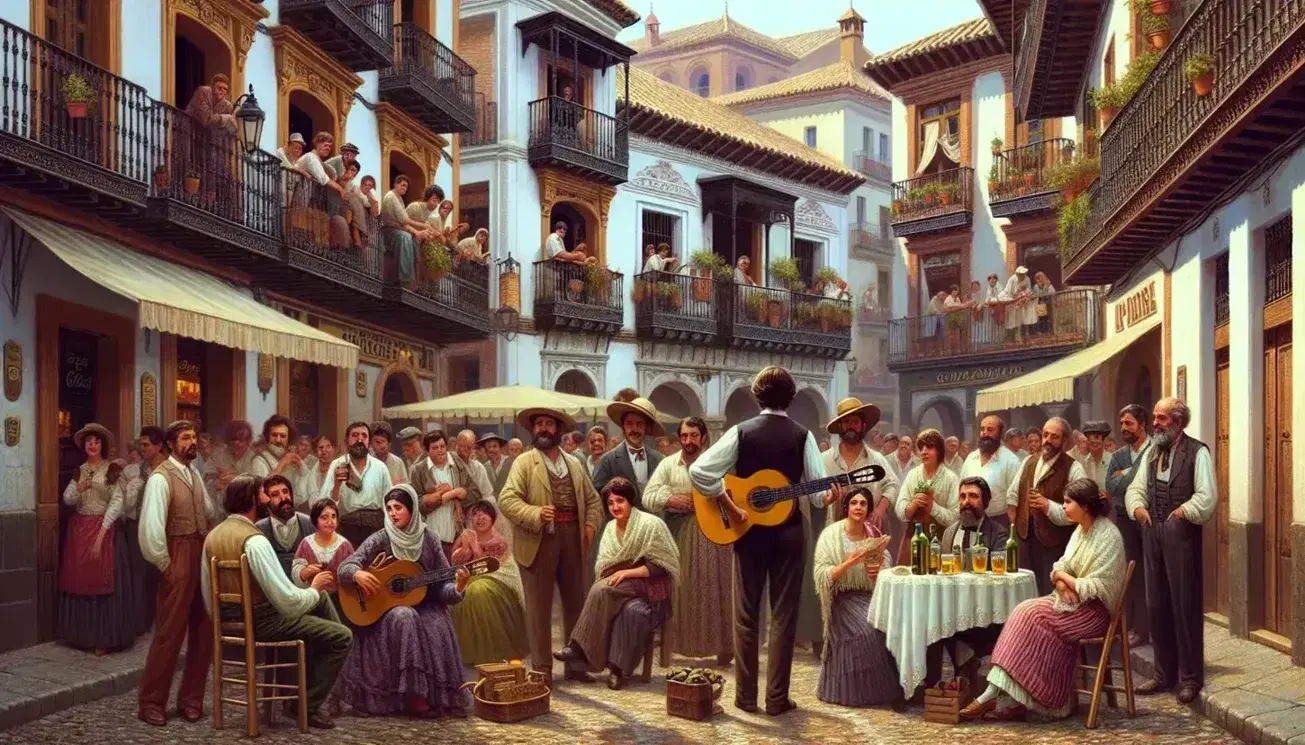 Lively Spanish town scene with a diverse group enjoying a street musician's guitar performance, near a fruit market stall and a stone fountain.