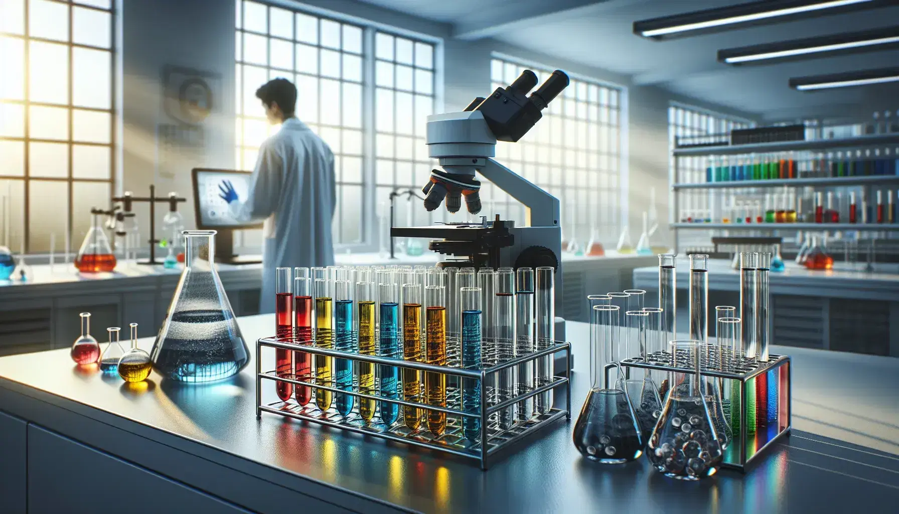 Laboratorio científico iluminado con luz natural, mesa con tubos de ensayo de colores y microscopio moderno, investigador en fondo.