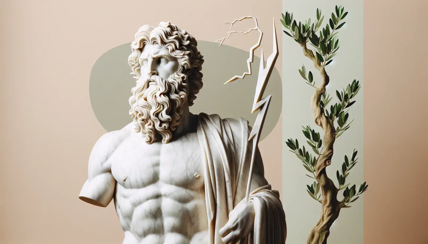Scultura in marmo bianco di Zeus con fulmine e albero d'olivo simbolico in sfondo sfocato che evoca mitologia greca.