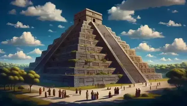 Pirámide escalonada de piedra con personas en actividades cotidianas bajo cielo azul, rodeada de vegetación verde, reflejando la historia antigua.