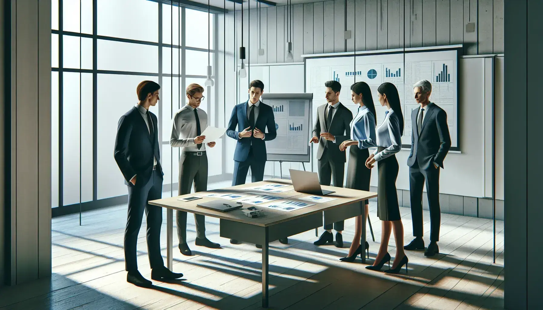 Grupo de cinco profesionales en reunión de trabajo, discutiendo gráficos y documentos sobre una mesa, en una oficina iluminada.